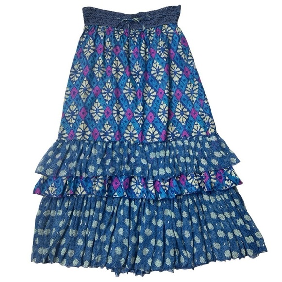 Free People Dresses & Skirts - Free People Blue Batik Silk Ruffle Midi Skirt XS